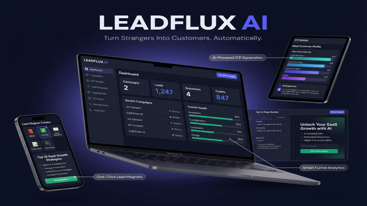 LeadFlux AI — Dashboard, ICP Builder, Lead Magnet Creator, and Page Builder shown across MacBook, iPad, and iPhone